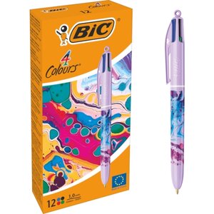LOT de 12 Stylo bille rétractable Bic 4 couleurs Decors Hydro - Pointe moyenne 1 0 mm - Encre à base d'huile - 4 couleurs