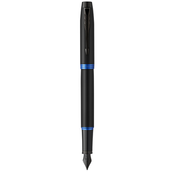 Stylo plume Parker IM Vibrant Rings  Satin noir laqué  attributs bleu océan  Plume moyenne  recharge d’encre bleue  Coffret cadeau