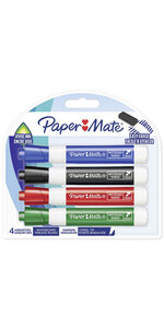 Paper mate - 4 marqueurs tableau blanc effaçable - noir bleu vert rouge - pointe biseautée - sous blister