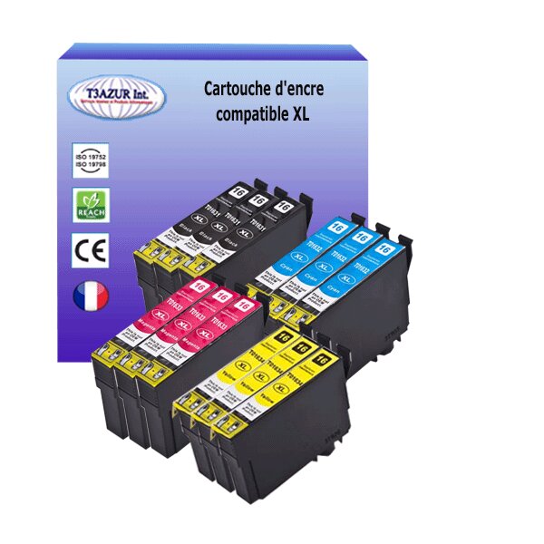 12 Cartouches Compatibles pour Epson T1631 / T1632 /  T1633 /  T1634  (16XL) - T3AZUR