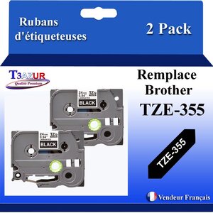2x Rubans d'étiqueteuses compatibles avec Brother Tze355 Tze-355 pour étiqueteuses P-touch - Texte blanc sur fond noir - Largeur 24 mm x 8 mètres - T3AZUR