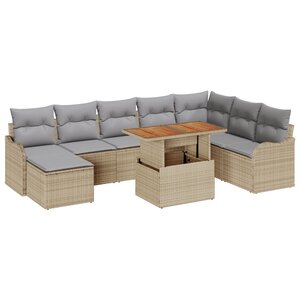 vidaXL Ensemble de Canapé de Jardin 9 Pièces avec Coussins Beige Poly Rotin Acacia