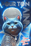 Carte ANNIVERSAIRE Chat Disco Boule à facettes Argentée Brillante Scintillante et Enveloppe 12x17 5cm 70's Animal de compagnie déguisé veste à strass discothèque boîte de nuit années 1970