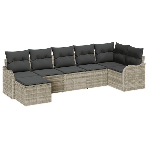 Ensemble de canapé de jardin 7 pièces avec coussins gris clair en poly rattan