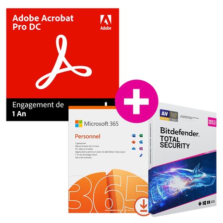 Acrobat pro dc + microsoft 365 perso + bitdefender total security -  1 an - 1 utilisateur - a télécharger