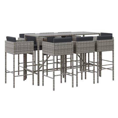 vidaXL Ensemble de bar de jardin 9 Pièces avec coussins gris poly rotin