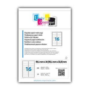 Lot de 10 planches a4 de 16 étiquettes à bords ronds 99 1 x 33 9 mm en papier blanc 70g/m² multifonction