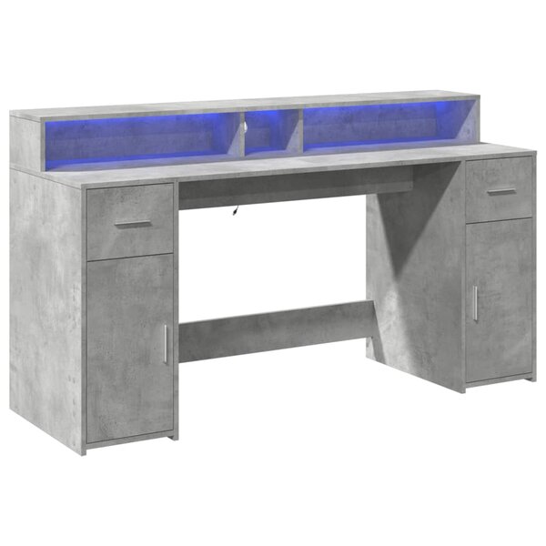 Bureau table poste de travail meuble d'ordinateur informatique étude et lumières LED 160 x 55 x 91 cm bois d'ingénierie gris 02_0023801