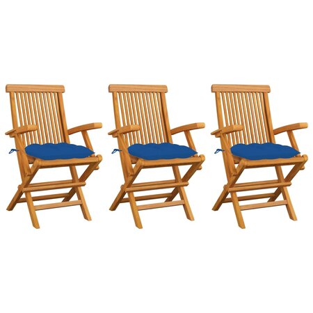 vidaXL Chaises de jardin avec coussins bleu lot de 3 Bois teck massif