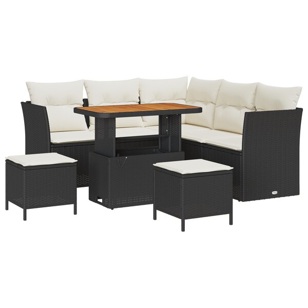 Ensemble de Canapé de Jardin de 8 Pièces avec Coussins Noir Poly Rattan Acacia