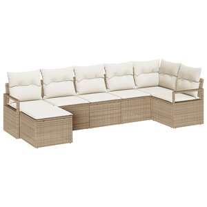 Ensemble de Canapé de Jardin 7 Pièces avec Coussins Beige en Rattan Poly