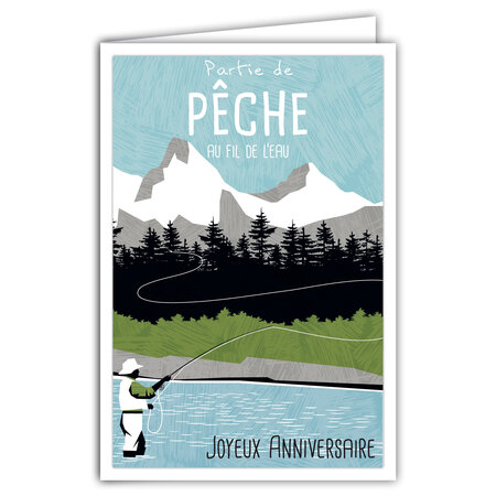 Carte Joyeux Anniversaire avec Enveloppe - Mini Posters Format 17x11 5cm - Partie de Pêche - Pêcheur à la Ligne Mouche Hameçon Montagnes Forêt Rétro Vintage - Fabriquée en France