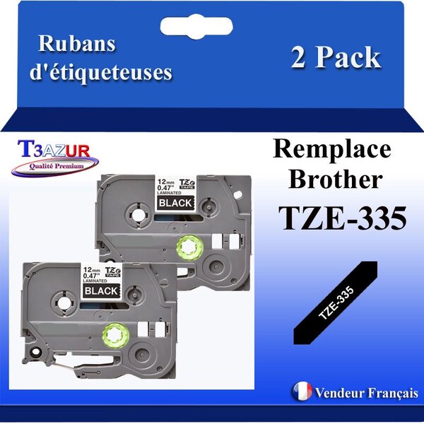 2x Rubans d'étiqueteuses compatibles avec Brother Tze335  Tze-335 pour étiqueteuses P-touch - Texte blanc sur fond noir - Largeur 12 mm x 8 mètres - T3AZUR