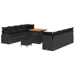 Ensemble de canapé de jardin 11 pièces avec coussins noir poly rotin acacia