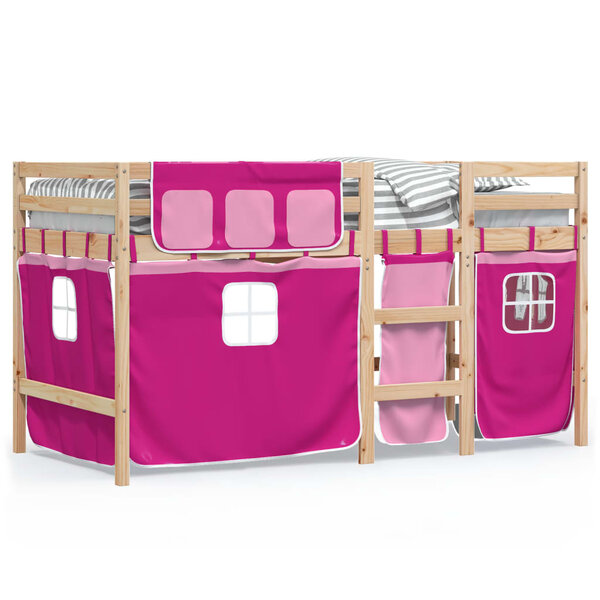 vidaXL Lit mezzanine enfants et rideaux rose 90x200cm bois pin massif