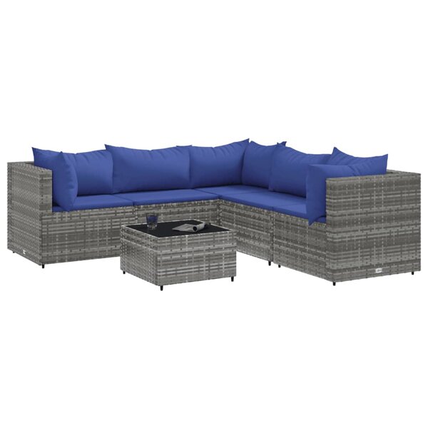 vidaXL Salon de jardin 6 Pièces avec coussins Gris Résine tressée