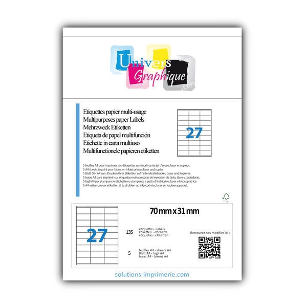 Lot de 5 planches a4 de 27 étiquettes à bords vifs 70 x 31 mm en papier blanc 70g/m² multifonction