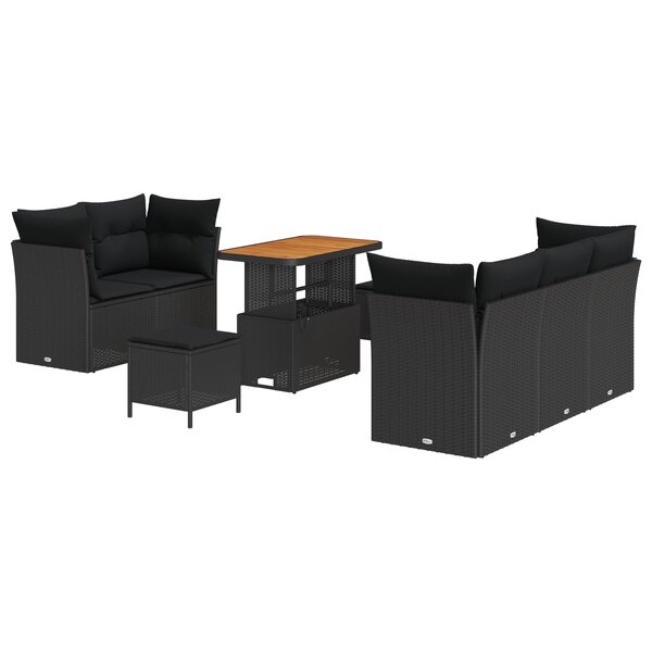 Ensemble de 8 Pièces de Canapés de Jardin avec Coussins Noir Poly Rattan Acacia