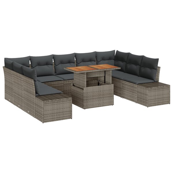 vidaXL Set de salle à manger de jardin de 10 pièces avec coussins en poly rotin gris et acacia