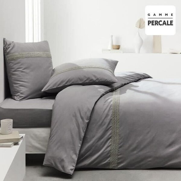 Parure de lit - 240 x 260 cm - 100  Percale finition macramé - Acier