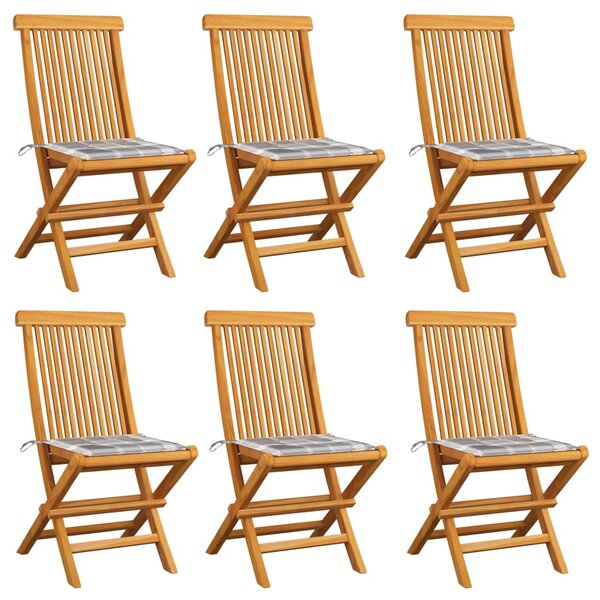 vidaXL Chaises de jardin et coussins à carreaux gris 6 Pièces Teck massif