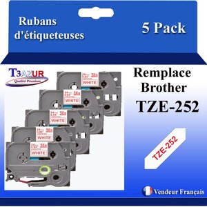 5x Rubans d'étiqueteuses compatibles avec Brother Tze252 Tze-252 pour étiqueteuses P-touch - Texte rouge sur fond blanc - Largeur 24 mm x 8 mètres - T3AZUR