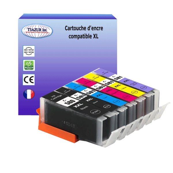 6 Cartouches compatibles avec Canon Pixma TS705, TS8100, TS8150, TS8151, TS8152, TS8200, TS8240 remplace Canon PGI-580, CLI-581 XL - T3AZUR