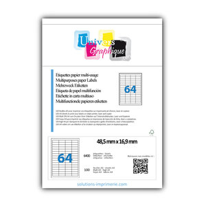 Lot de 100 planches a4 de 64 étiquettes à bords vifs 48 5 x 16 9 mm en papier blanc 70g/m² multifonction