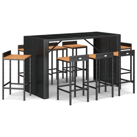 vidaXL Ensemble de bar jardin 9 Pièces noir poly rotin/bois massif acacia