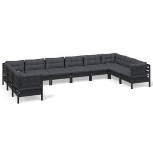 vidaXL Salon de jardin 10 Pièces avec coussins Noir Bois de pin