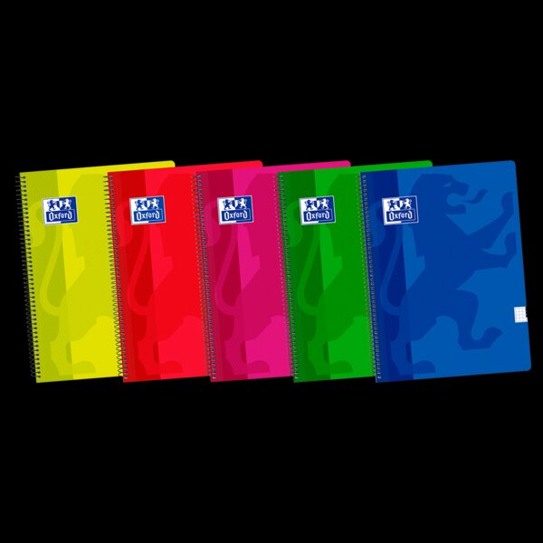 LOT de 5 Oxford School Classic 4ème cahier à spirale – Couverture en plastique robuste – Grille 4 x 4 avec marge – 80 feuilles – Couleurs assorties