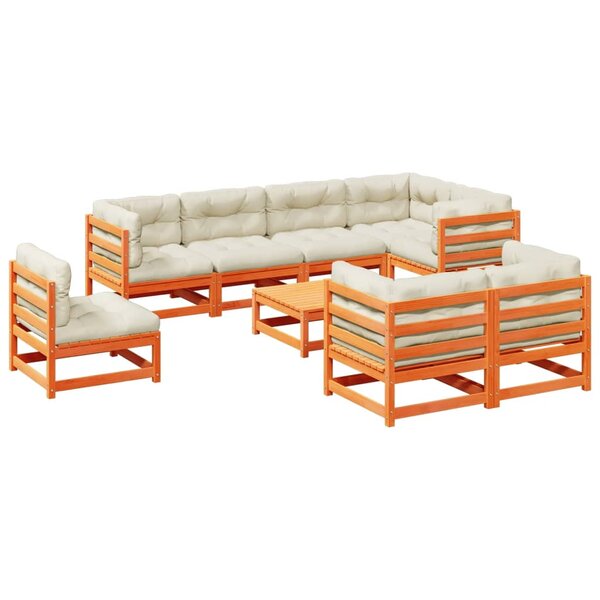 vidaXL Salon de jardin 9 Pièces avec coussins marron cire bois pin massif
