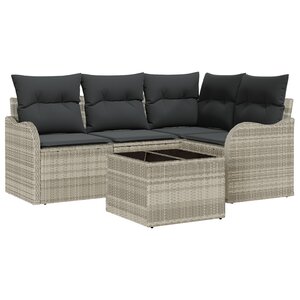 Canapé de jardin 5 pièces avec coussins en poly rotin gris