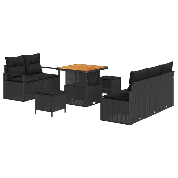 Ensemble de canapé de jardin 8 pièces avec coussins en rotin poly noir et acacia