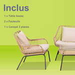 Salon de jardin 4 pers. 4 pièces style exotique métal époxy résine imitation bambou coussins grand confort inclus polyester beige