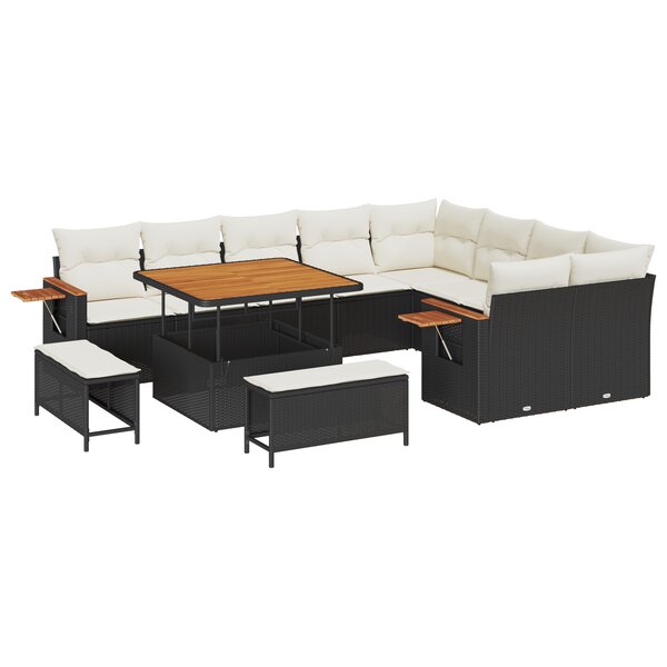 Canapé de jardin de 12 pièces avec coussins en poly rattan noir et acacia