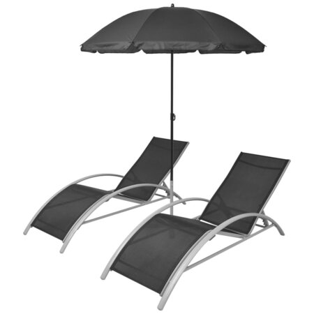 vidaXL Chaises longues et parasol Aluminium Noir