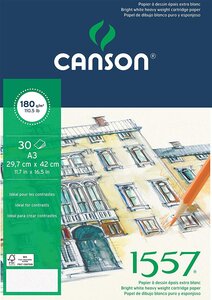 Bloc 30 Feuilles Papier Dessin '1557' A3 180 g Blanc Pur CANSON