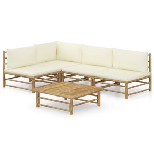 Salon de jardin meuble d'extérieur ensemble de mobilier 5 pièces avec coussins blanc crème bambou 02_0016307