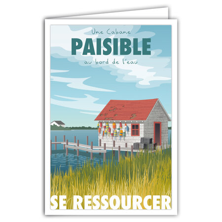 Carte SE RESSOURCER avec Enveloppe - Affichette Mini Poster Format 17x11 5cm Style Rétro Vintage Illustration Graphique - Une Cabane Paisible au bord de l'eau  Pêcheurs Casiers Ponton