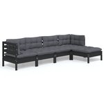 vidaXL Salon de jardin 5 Pièces avec coussins Noir Bois de pin