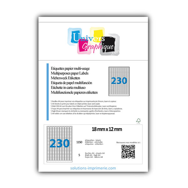 Lot de 5 planches a4 de 230 étiquettes à bords ronds 18 x 12 mm en papier blanc 70g/m² multifonction