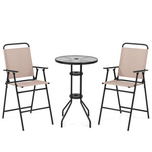 3Pièces salon de jardin 2 chaises de jardin pliantes table basse ronde en verre trempé bistro terrasse piscine beige 20_0007590