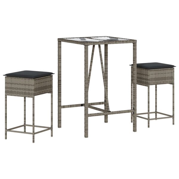 vidaXL Ensemble de bar de jardin 3 Pièces et coussins gris résine tressée