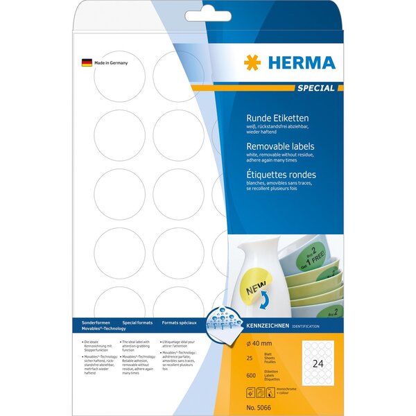 Paqurt de 600 étiquettes superprint diam 40 mm avec bord blanc, 25 feuilles a4 herma