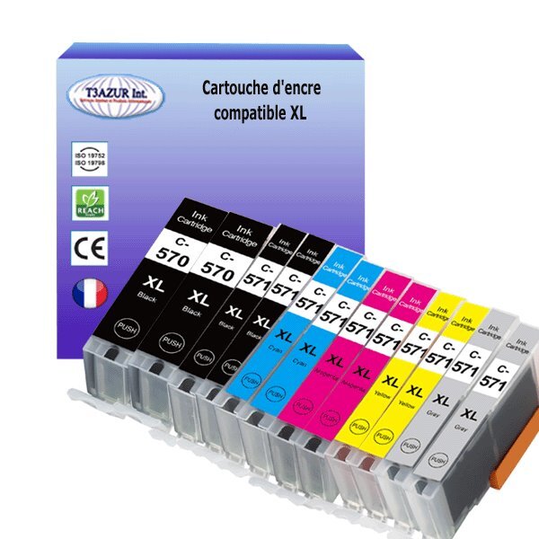 12 Cartouches compatibles avec Canon Pixma MG5751, MG5752, MG5753, MG6850, MG6851, MG6852 remplace Canon PGI-570, CLI-571 XL - T3AZUR