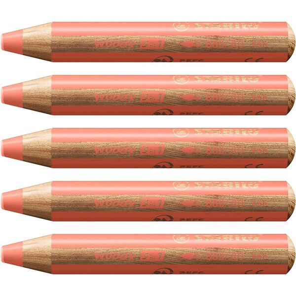 Crayon multi-talents woody 3en1  rond  rouge pastel x 5 stabilo