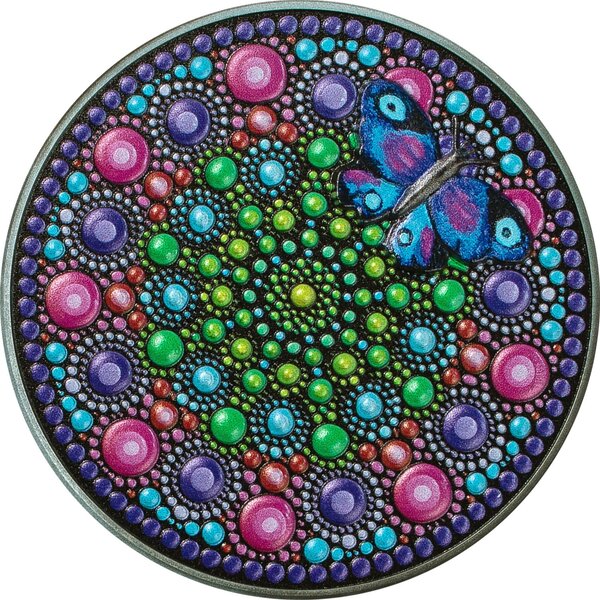 FLOWER WITH BUTTERFLY Dot Art 3 Once Argent Monnaie 20 Dollars Palau 2023
