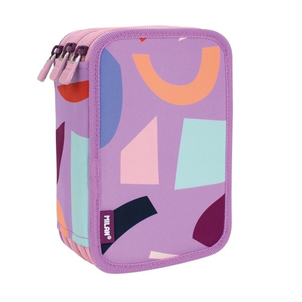 Trousse à crayons Milan Fun Animals à 3 niveaux avec gomme  taille-crayon  crayon  3 stylos à bille  règle  12 crayons de couleur  6 crayons fluorescents  5 crayons fluorescents  ciseaux et 18 marqueurs - Rose/Violet