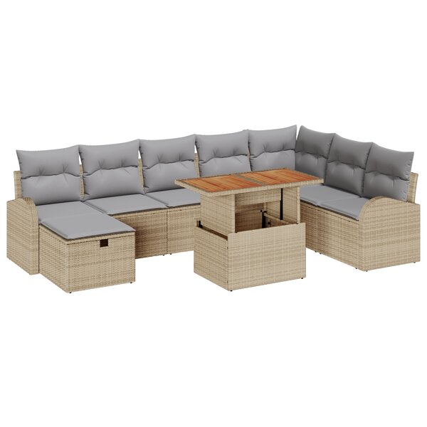 vidaXL Ensemble de Canapés de Jardin 9 Pièces avec Coussins Beige Poly Rattan